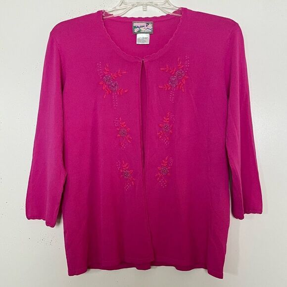 April Cornell Beaded Open Cardigan Large Pink Floral Embroidered Crochet Trim - Picture 1 of 11